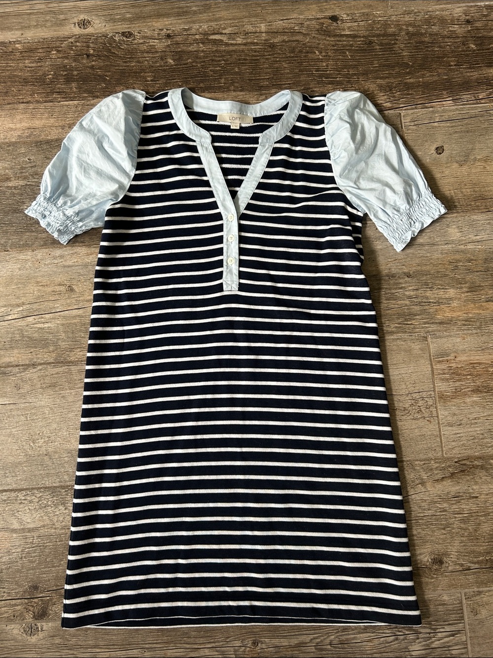 LOFT Navy and White Striped Top with Light Blue Trim
